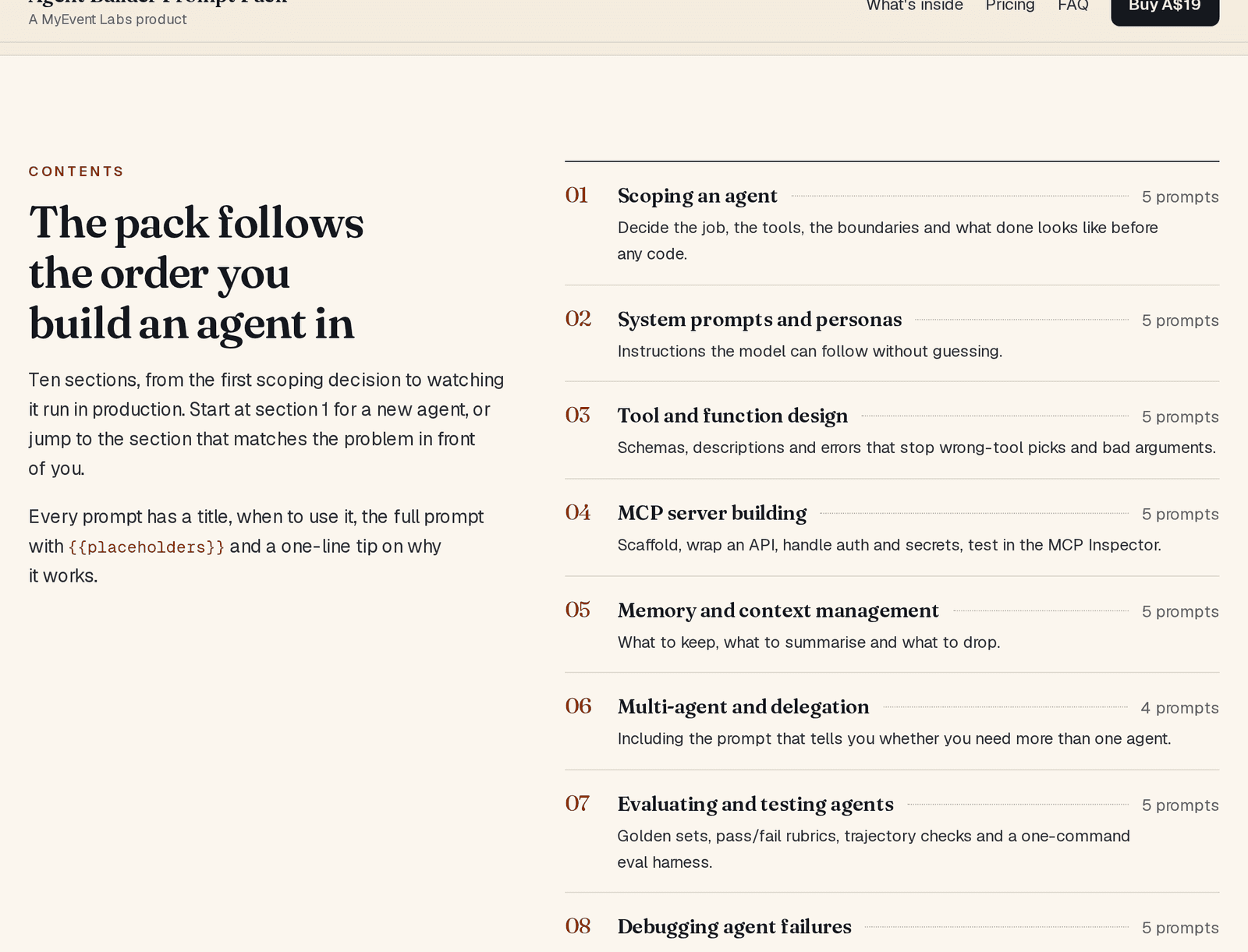 The pack's table of contents, listing sections from Scoping an agent and System prompts and personas through Tool and function design, MCP server building, Memory and context management, Multi-agent and delegation, Evaluating and testing agents and Debugging agent failures, with a prompt count for each.
