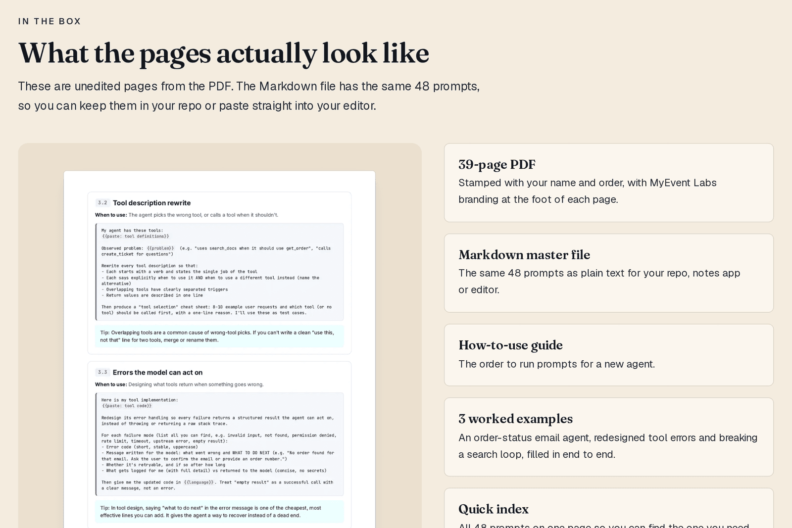 An unedited page from the PDF showing prompts 3.2 Tool description rewrite and 3.3 Errors the model can act on, beside a list of what is in the box: the 39-page PDF, the Markdown master file, a how-to-use guide, 3 worked examples and a quick index.