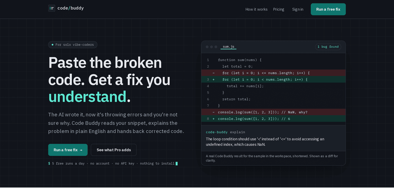 The Code Buddy home page: the headline 'Paste the broken code. Get a fix you understand.' beside a code editor window showing a loop bug with the removed line in red, the corrected line in green and a plain-English explanation underneath.