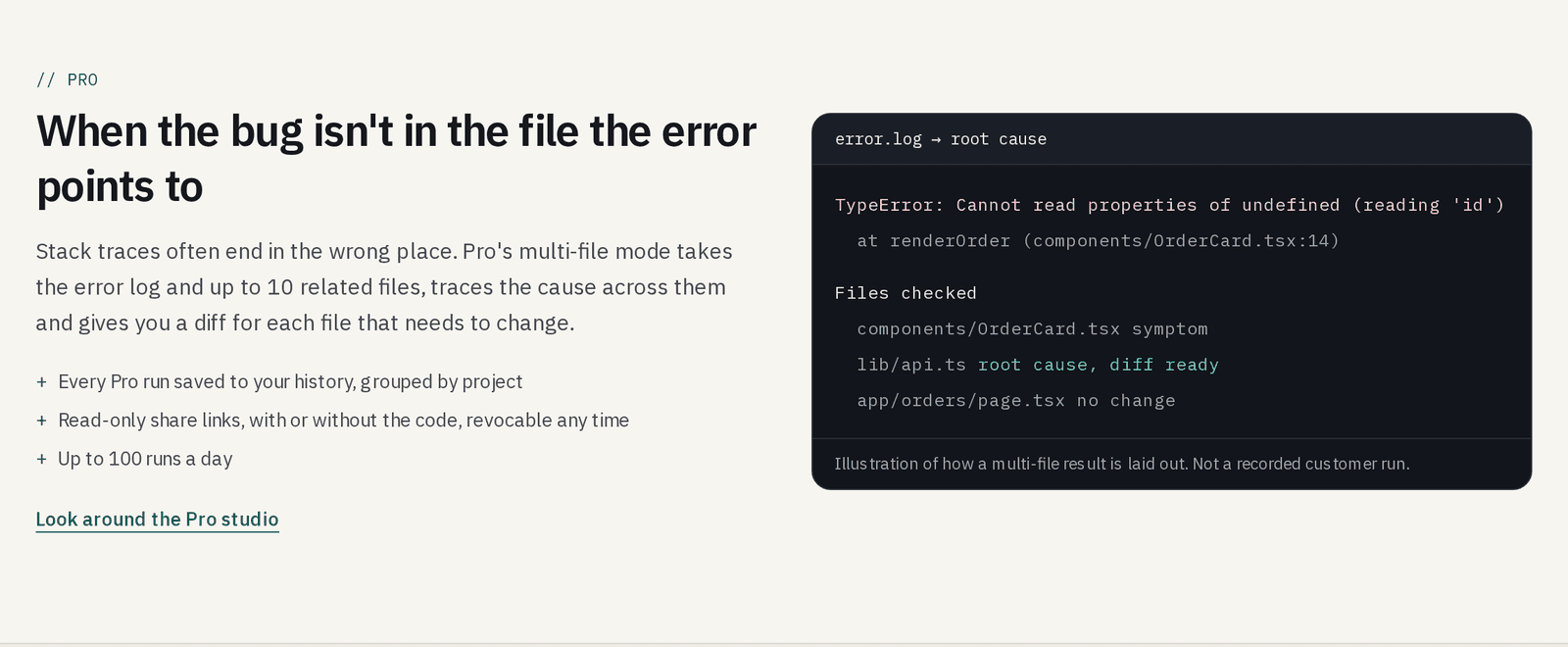 The Code Buddy Pro section: 'When the bug isn't in the file the error points to', with a panel tracing a TypeError from components/OrderCard.tsx to a root cause in lib/api.ts, labelled as an illustration of how a multi-file result is laid out.