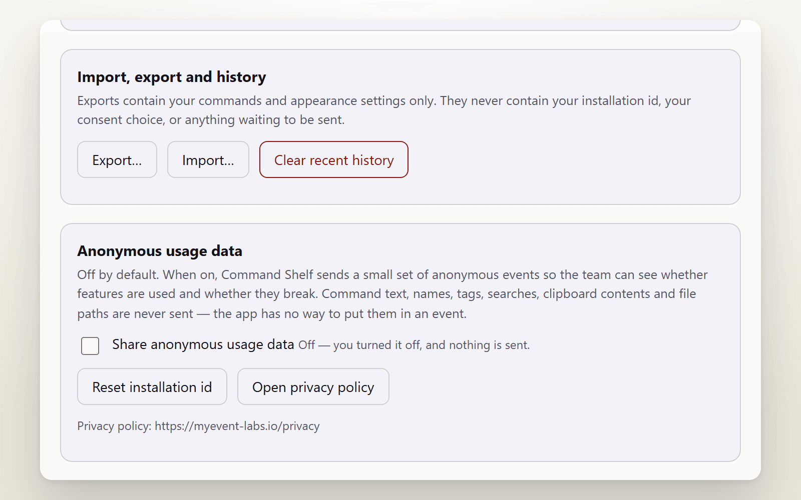 Command Shelf Settings showing the Import, export and history panel with Export, Import and Clear recent history buttons, and the Anonymous usage data panel with a cleared Share anonymous usage data checkbox, a Reset installation id button and an Open privacy policy button.