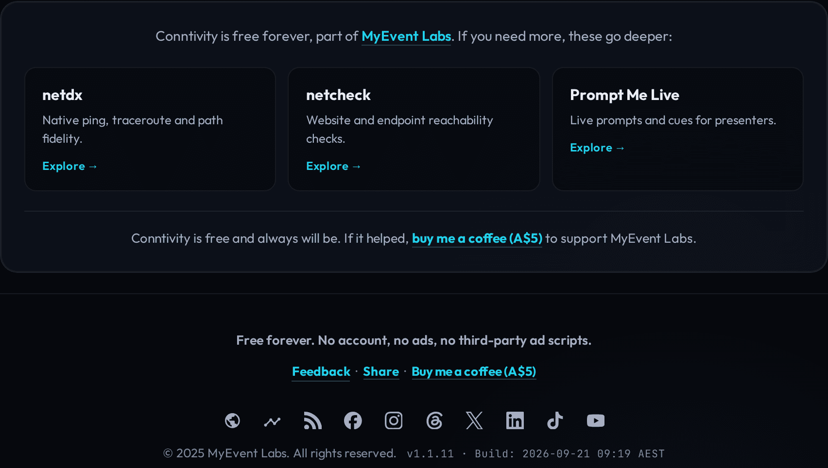 Conntivity's dark-mode footer: a 'Conntivity is free forever, part of MyEvent Labs' card linking to netdx, netcheck and Prompt Me Live, above Feedback, Share and Buy me a coffee links, social icons and a v1.1.11 build stamp.