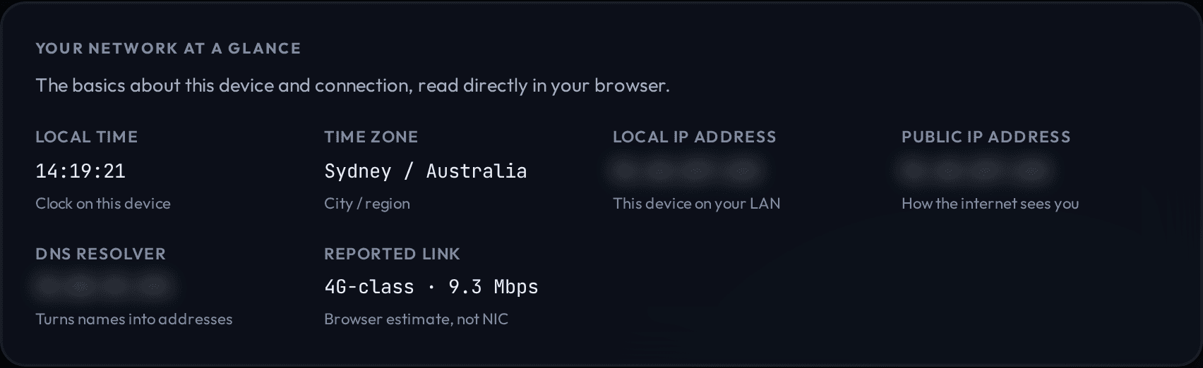 Conntivity's 'Your network at a glance' card in dark mode: local time, time zone, local IP, public IP, DNS resolver and a 4G-class reported link, with the addresses blurred.