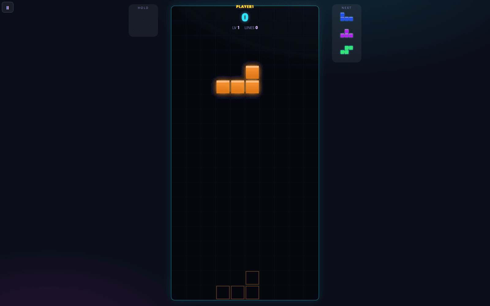 A DropGrid game in progress: the neon-outlined play field with an orange piece falling, a hold slot on the left, the next-piece queue on the right, and the player's score, level and lines cleared at the top.
