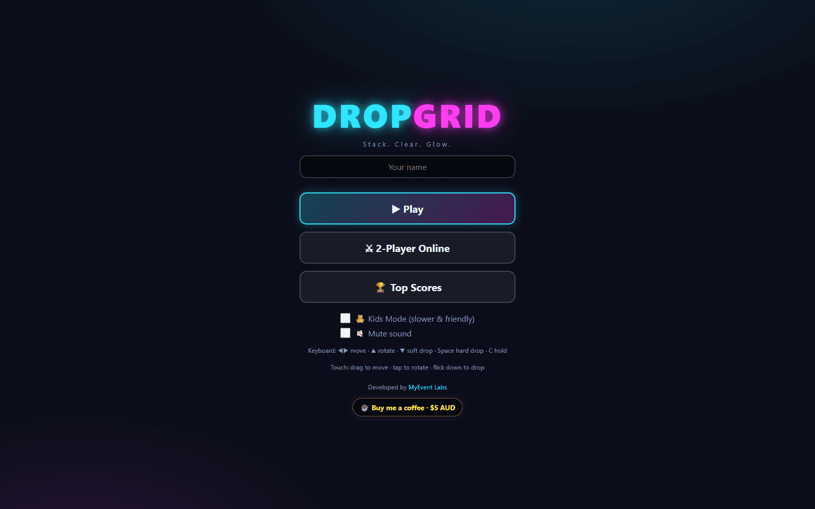 The DropGrid menu: the glowing DROPGRID logo with the tagline Stack. Clear. Glow., buttons for Play, 2-Player Online and Top Scores, Kids Mode and Mute sound toggles, and the keyboard and touch controls listed underneath.
