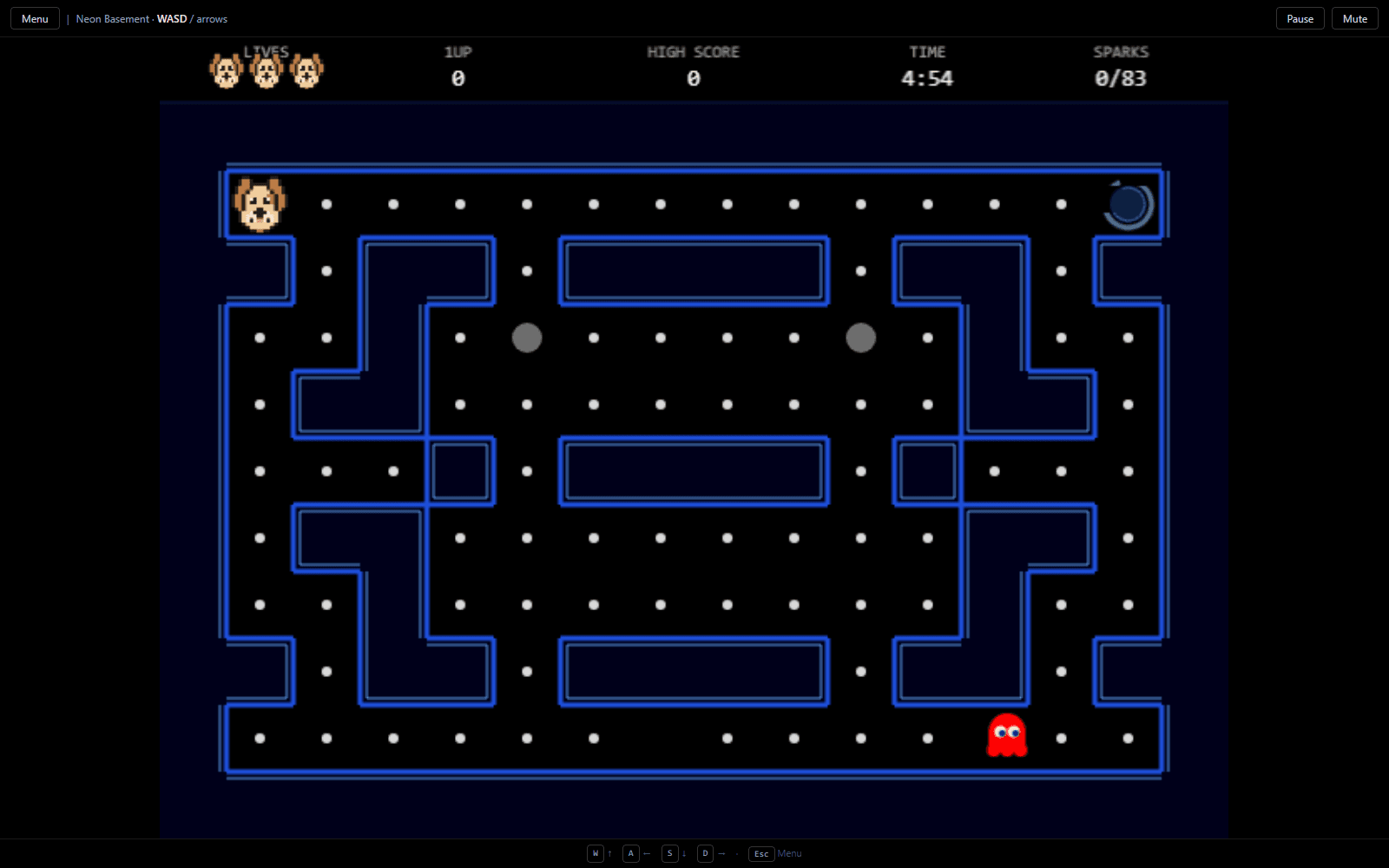 A GhostChase game in progress: a neon-blue maze with a dog character at the top left, a red ghost and a portal below, a dotted field of pellets, and a header showing lives, score, high score, time and sparks collected.
