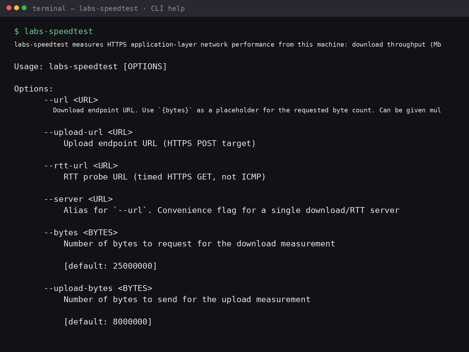 The labs-speedtest --help output listing the usage line and options including --url, --upload-url, --rtt-url, --server, --bytes and --upload-bytes with their defaults.