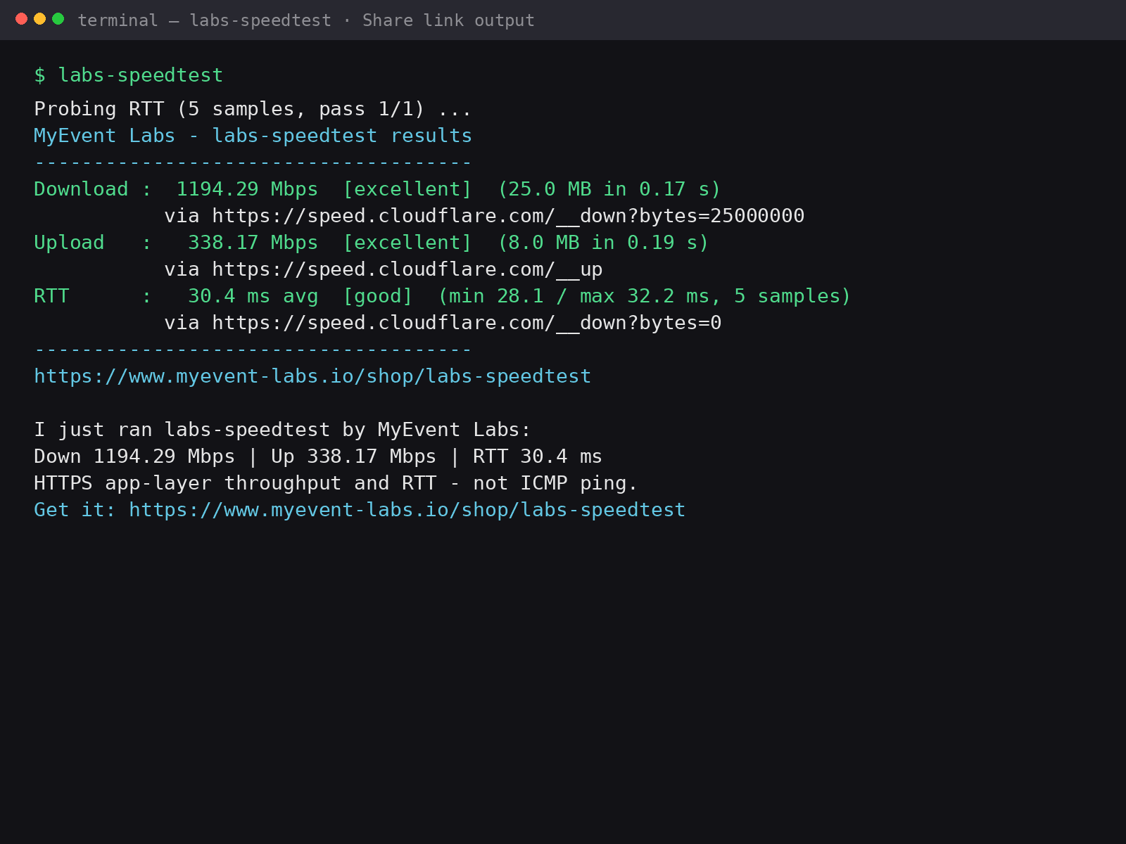 Labs Speedtest output followed by a ready-to-paste share block: 'I just ran labs-speedtest by MyEvent Labs' with Down, Up and RTT figures, noting HTTPS app-layer throughput and RTT - not ICMP ping - and a Get it link.