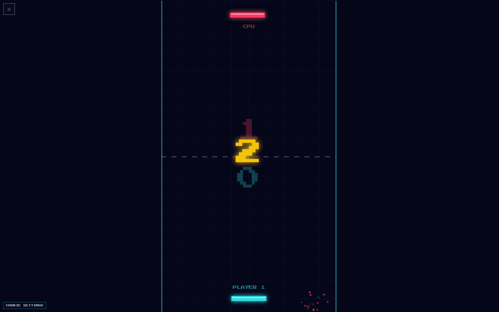 A PONGA match in progress: the vertical play field with the CPU paddle in red at the top, the player's paddle in cyan at the bottom, the ball in flight with a particle trail and the score 1 to 0.