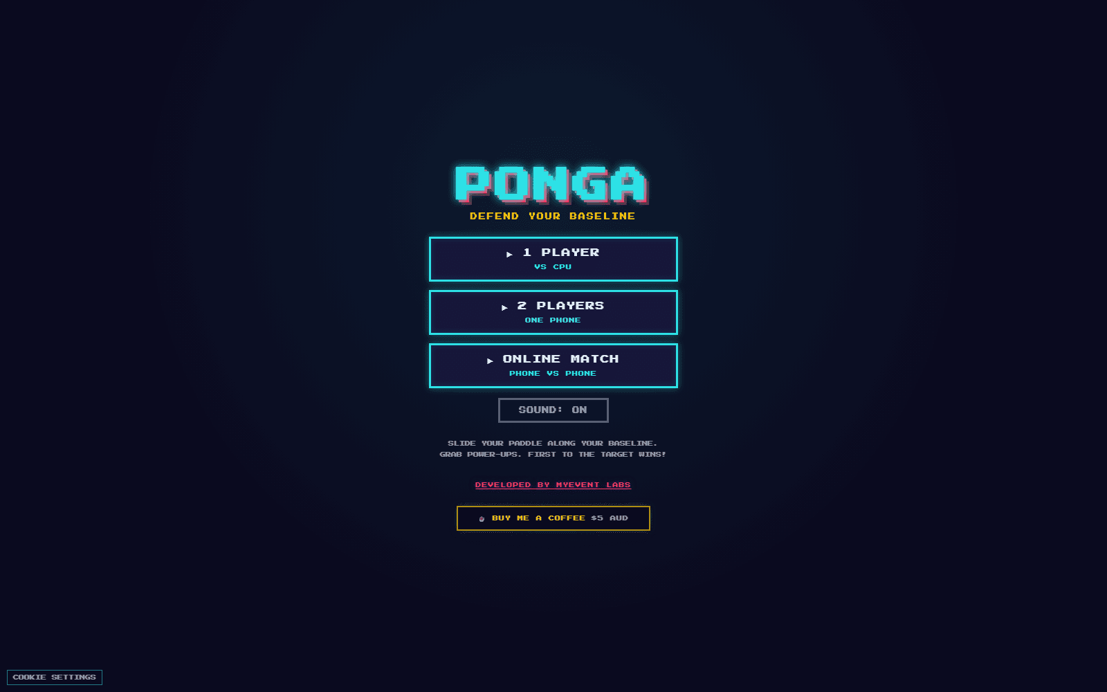 The PONGA menu: the glowing PONGA logo with the tagline DEFEND YOUR BASELINE, buttons for 1 Player vs CPU, 2 Players on One Phone and Online Match Phone vs Phone, a sound toggle, and the how-to-play line.