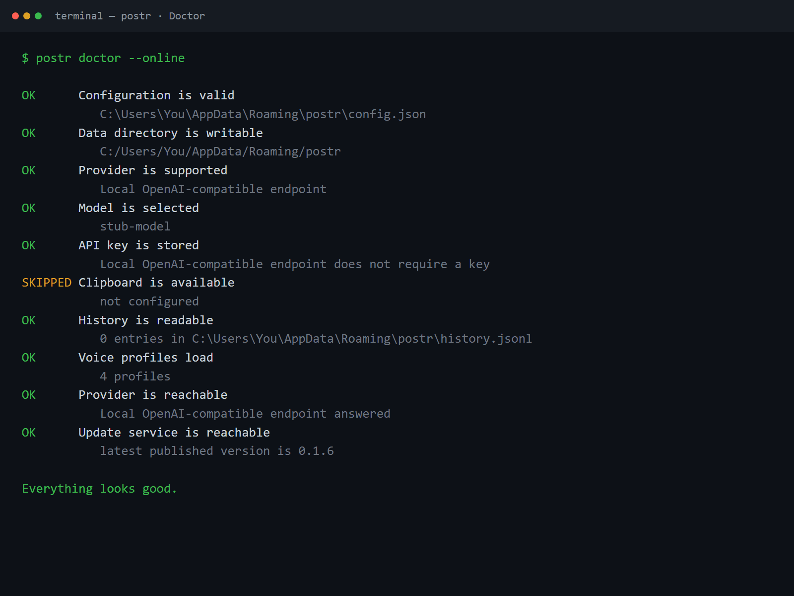 A terminal running postr doctor --online: OK checks for configuration, data directory, provider, model, API key, history, voice profiles, provider reachability and update service, one SKIPPED clipboard check and the closing line Everything looks good.