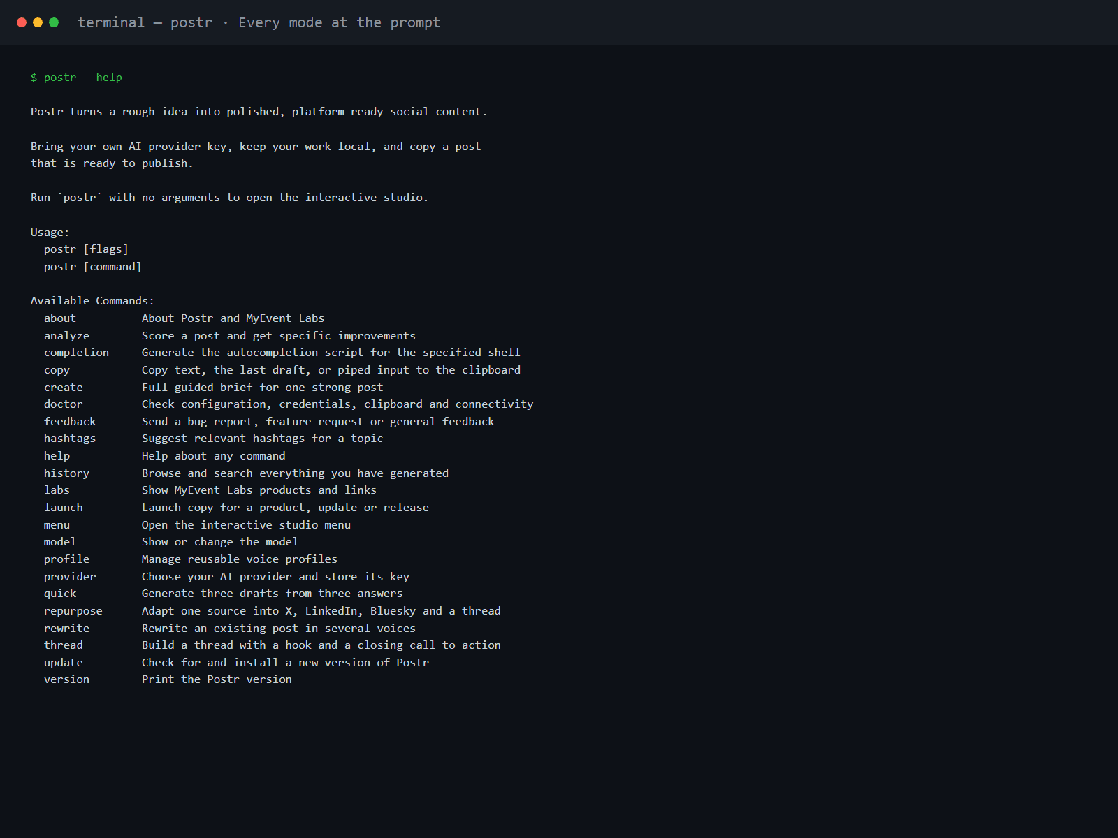A terminal running postr --help: the Postr description and the full command list from about, analyze, create and doctor through quick, thread, repurpose, rewrite, update and version.