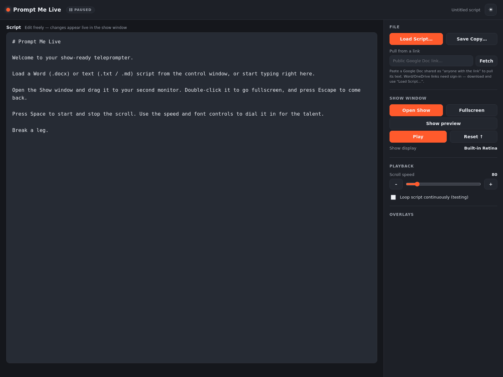 The Prompt Me Live control window: a live script editor on the left, with file, show window and playback controls on the right for loading or fetching a script, opening the show output and setting the scroll speed.