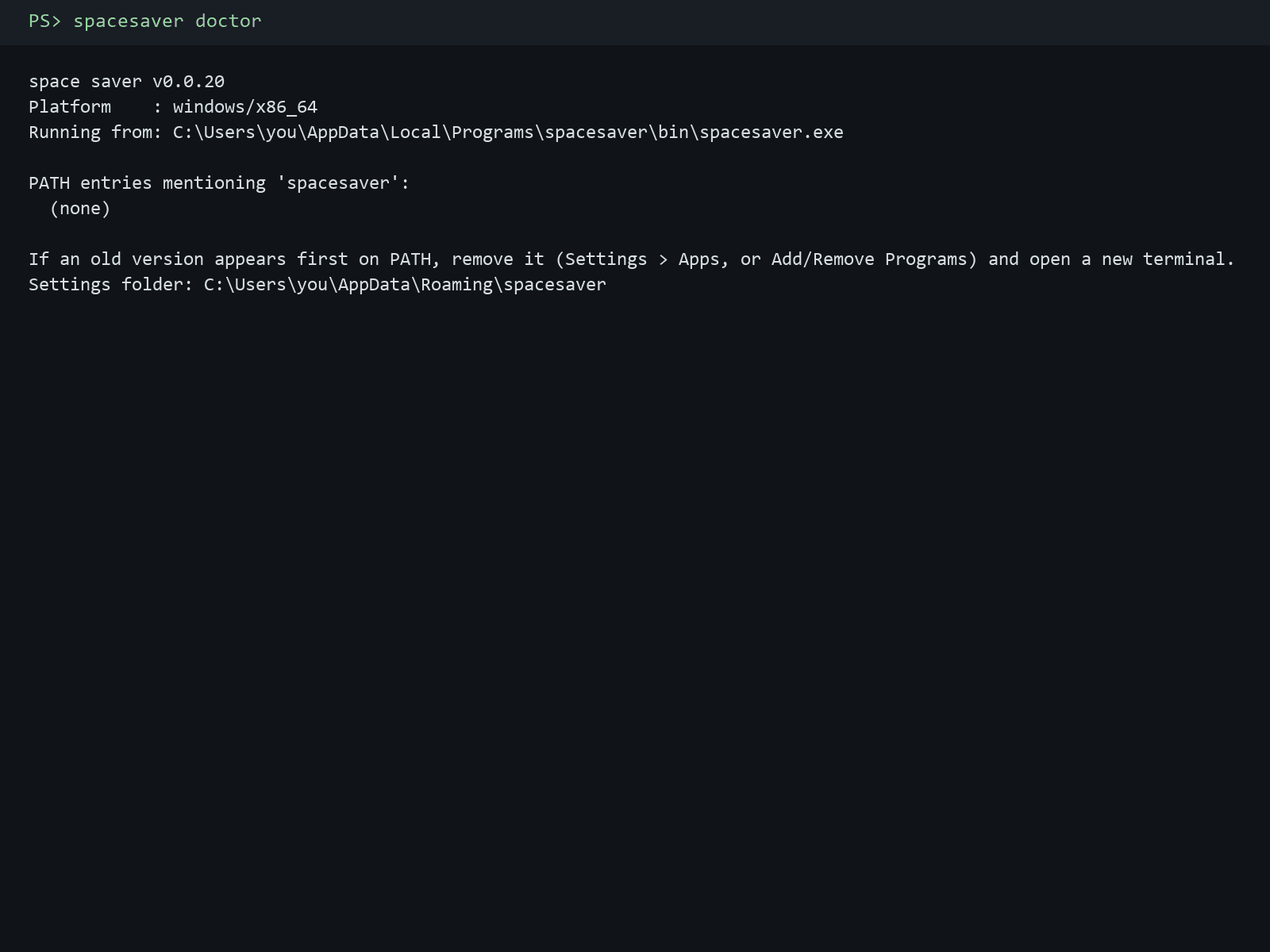 A terminal running spacesaver doctor: the running version, platform windows/x86_64, the executable path, PATH entries mentioning spacesaver, and the settings folder.